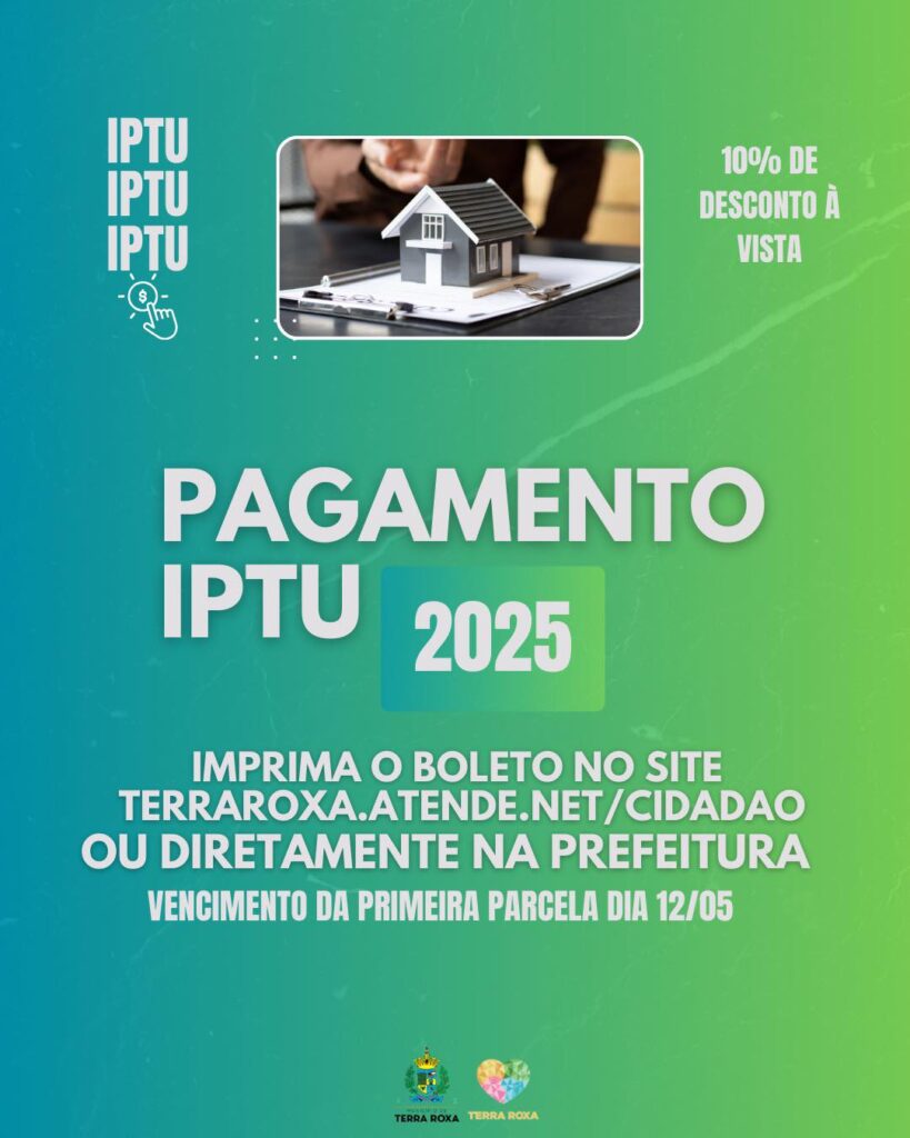 Atenção, contribuinte! 

A 1º parcela do IPTU vence no dia 12 de Maio! 
Você pode retirar seu carnê diretamente na Prefeitura ou pelo site oficial (ww