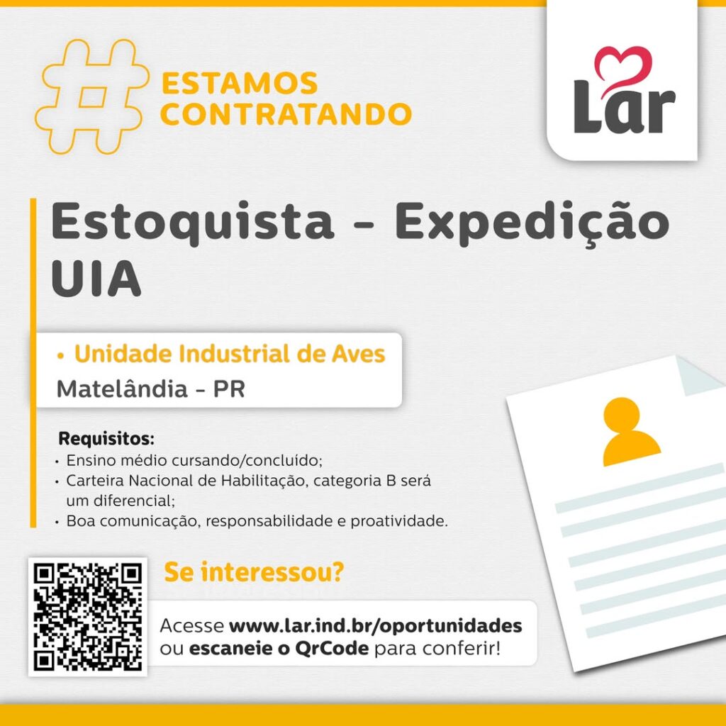 Vaga para Matelândia (PR)

Oportunidade para Estoquista - Expedição, na Unidade Industrial de Aves. 

Se interessou? 

Inscrições através do portal de