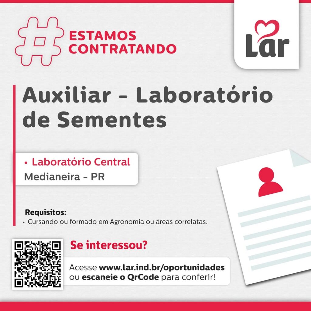 Vaga para Medianeira (PR)

Oportunidade para Auxiliar - Laboratório de Sementes, no Laboratório Central. 

Se interessou? 

Inscrições através do port
