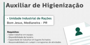 Vaga para Bom Jesus, Medianeira (PR)

Oportunidade para Auxiliar de Higienização, na Unidade Industrial de Rações. 

Se interessou? 

Interessados dev