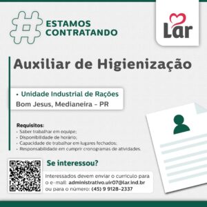 Vaga para Bom Jesus, Medianeira (PR)

Oportunidade para Auxiliar de Higienização, na Unidade Industrial de Rações. 

Se interessou? 

Interessados dev