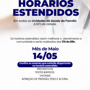 QUARTA-FEIRA TEM HORÁRIO ESTENDIDO NAS UBS

O Município de Guaíra, por meio da Secretaria Municipal de Saúde, reforça para a população guairense que n