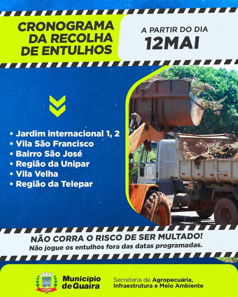 O Município de Guaíra por intermédio da Diretoria de Limpeza Pública da SEMAIM - Secretaria de Agropecuária, Infraestrutura e Meio Ambiente, informa o