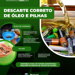 Descarte correto de óleo e pilhas: um ato de responsabilidade e amor pelo planeta.

O Município de Guaíra, por meio da Secretaria de Agropecuária, Inf