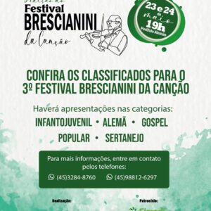 Divulgada a lista de classificados para o 3º Festival Brescianini da Canção

No total, 58 candidatos estarão se apresentando

A 3ª edição do Festival