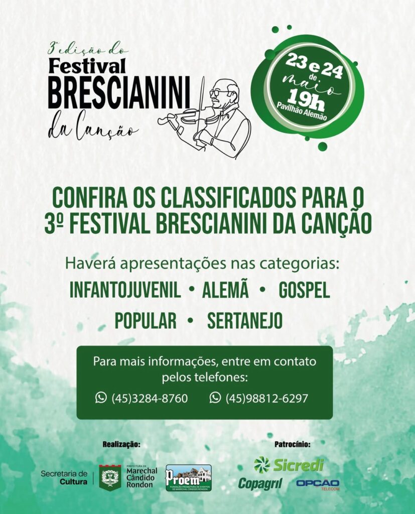 Divulgada a lista de classificados para o 3º Festival Brescianini da Canção

No total, 58 candidatos estarão se apresentando

A 3ª edição do Festival