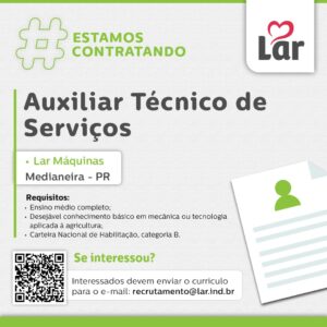 Vaga para Medianeira (PR)

Oportunidade para Auxiliar Técnico de Serviços, na Lar Máquinas. 

Se interessou? 

Interessados devem enviar o currículo p