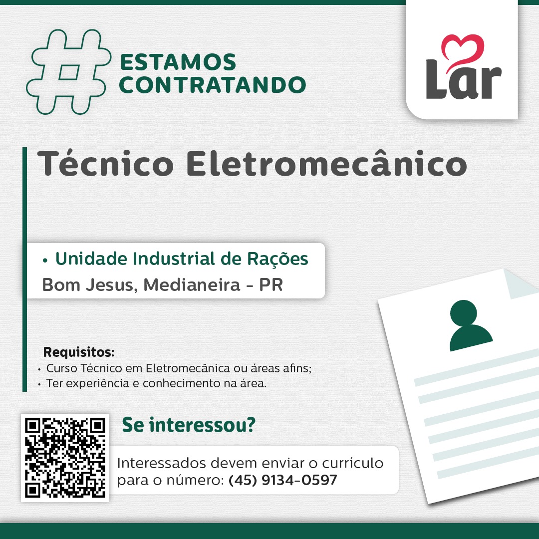 Vaga em Bom Jesus para Técnico Eletromecânico na Lar Cooperativa