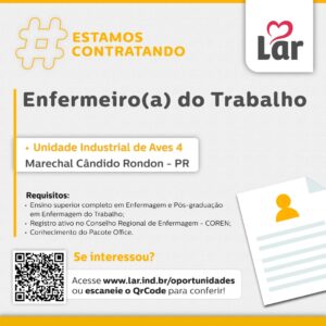 Vaga para Marechal Cândido Rondon (PR)

Oportunidade para Enfermeiro(a) do Trabalho, na Unidade Industrial de Aves 4. 

Se interessou? 

Inscrições at