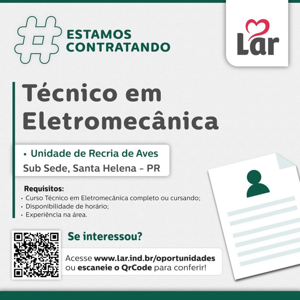Vaga para Sub Sede, Santa Helena (PR)

Oportunidade para Técnico em Eletromecânica, na Unidade de Recria de Aves. 

Se interessou? 

Inscrições atravé