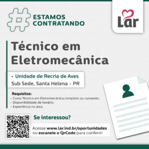 Vaga para Sub Sede, Santa Helena (PR)

Oportunidade para Técnico em Eletromecânica, na Unidade de Recria de Aves. 

Se interessou? 

Inscrições atravé