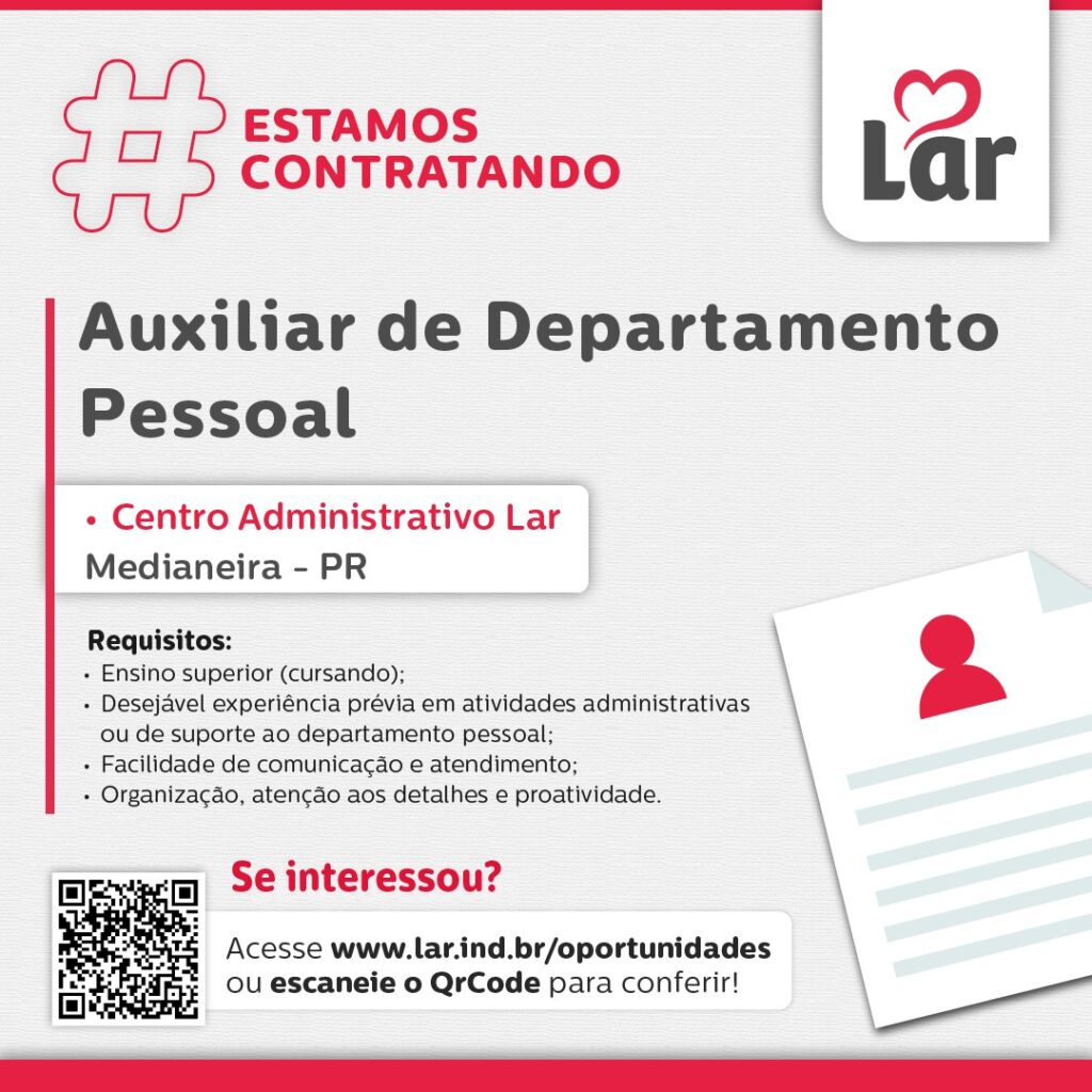Vaga para Medianeira (PR)

Oportunidade para Auxiliar de Departamento Pessoal, no Centro Administrativo Lar. 

Se interessou? 

Inscrições através do