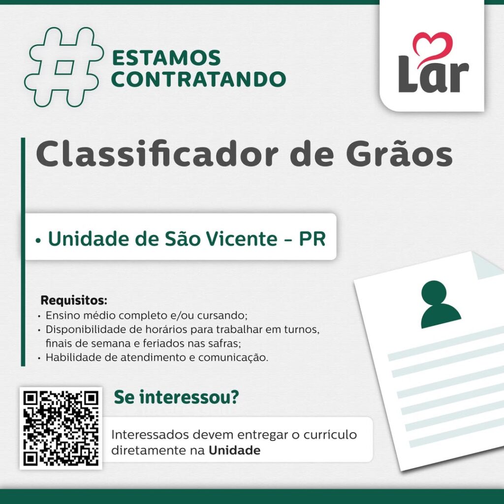 Vaga para São Vicente, São Miguel do Iguaçu (PR)

Oportunidade para Classificador de Grãos, na Unidade de São Vicente. 

Se interessou? 

Interessados