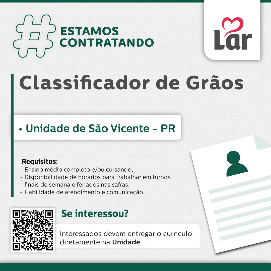 Vaga aberta para classificador de grãos na Unidade São Vicente em São Miguel do Iguaçu