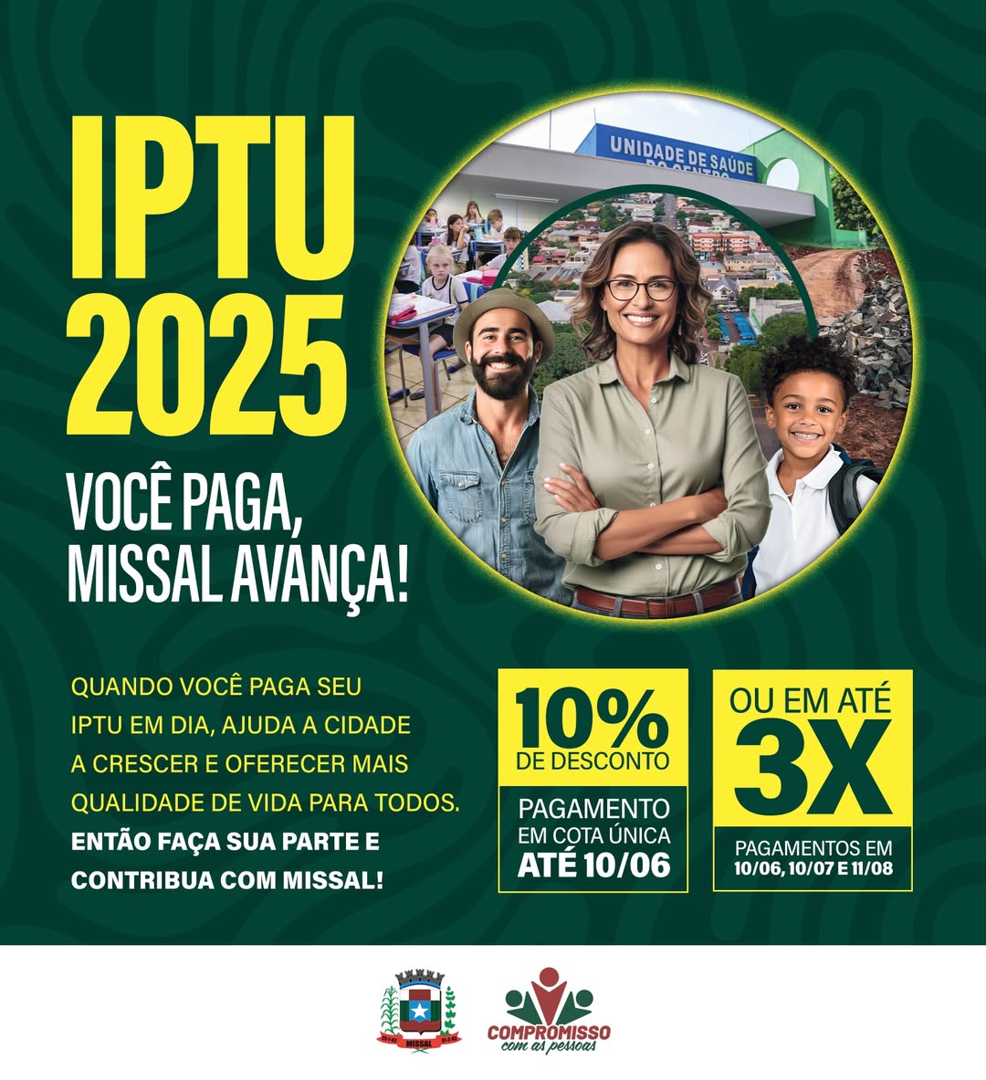 Cartaz informando nova data do vencimento do IPTU 2025 em Missal