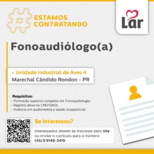 Vaga para Marechal Cândido Rondon (PR)

Oportunidade para Fonoaudiólogo(a), na Unidade Industrial de Aves 4. 

Se interessou? 

Interessados devem se