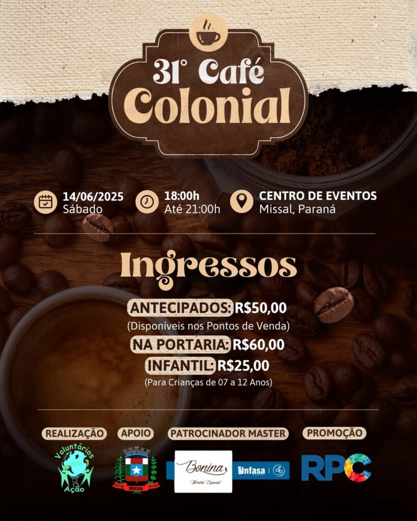 CAFÉ COLONIAL DE MISSAL 14/06

Está chegando mais uma edição de uma dos maiores eventos gastronômicos da região. O 31º Café Colonial de Missal será no
