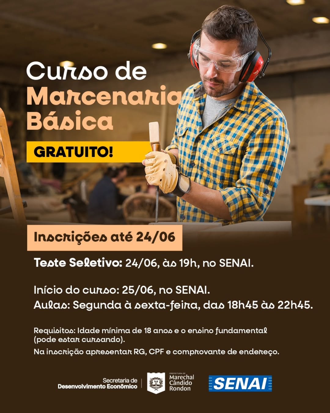 Curso gratuito de marcenaria em Marechal Rondon tem 14 vagas