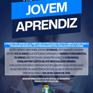 A Prefeitura de Santa Terezinha de Itaipu anunciou a abertura do Processo Seletivo Simplificado para o Programa Municipal de Aprendizagem para Adolesc