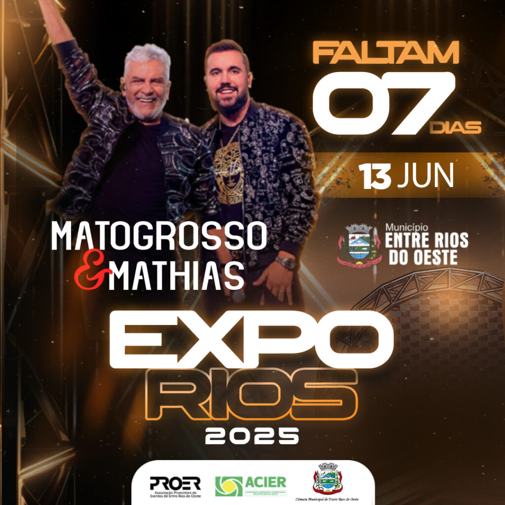 FALTAM SÓ 7 DIAS! 
A contagem regressiva começou para a festa mais aguardada da região Oeste:
EXPO RIOS 2025 está chegando com tudo!

 Dia 13 de junh