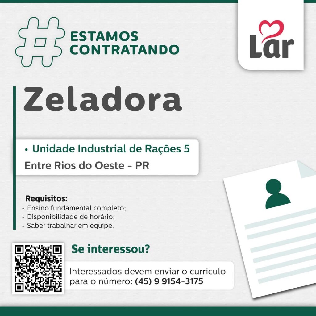 Vaga para Entre Rios do Oeste (PR)

Oportunidade para Zeladora, na Unidade Industrial de Rações 5. 

Se interessou? 

Interessados devem enviar o curr