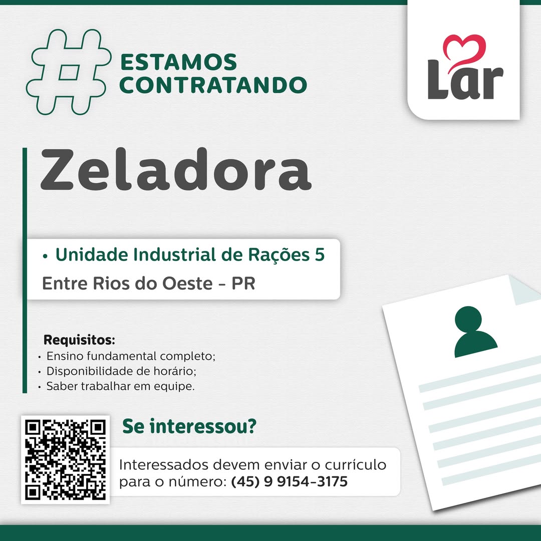 Vaga para Zeladora em Entre Rios do Oeste na Lar Cooperativa