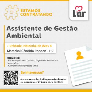 Vaga para Marechal Cândido Rondon (PR)

Oportunidade para Assistente de Gestão Ambiental, na Unidade Industrial de Aves 4. 

Se interessou? 

Inscriçõ