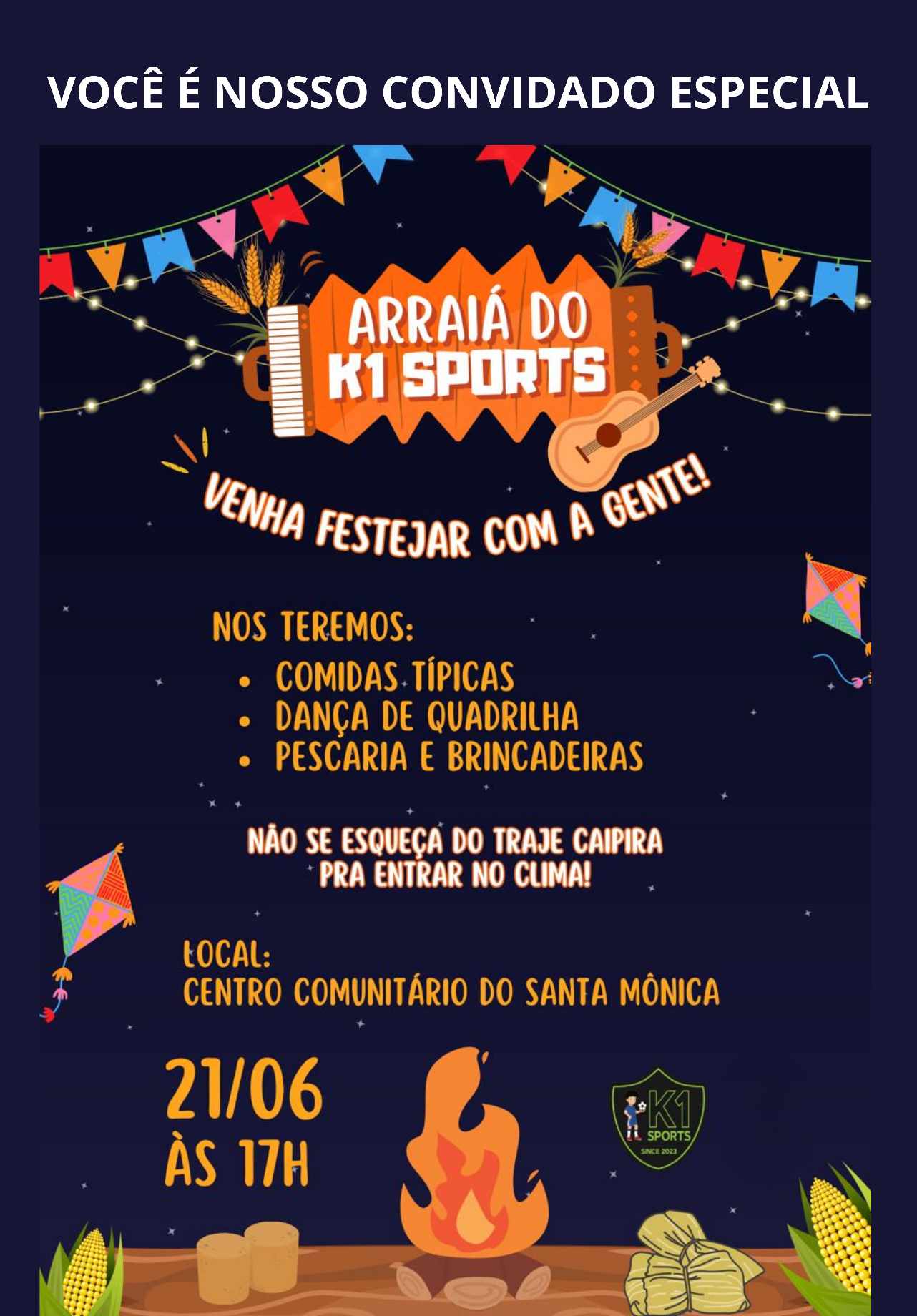 Arraiá do K1 Sports 2025: Festa Junina Acontece no Dia 21/06 no Santa Mônica