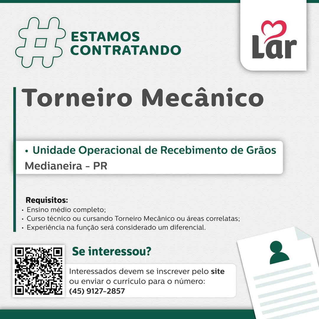 Vaga em Medianeira para Torneiro Mecânico – Inscreva-se até 24/06