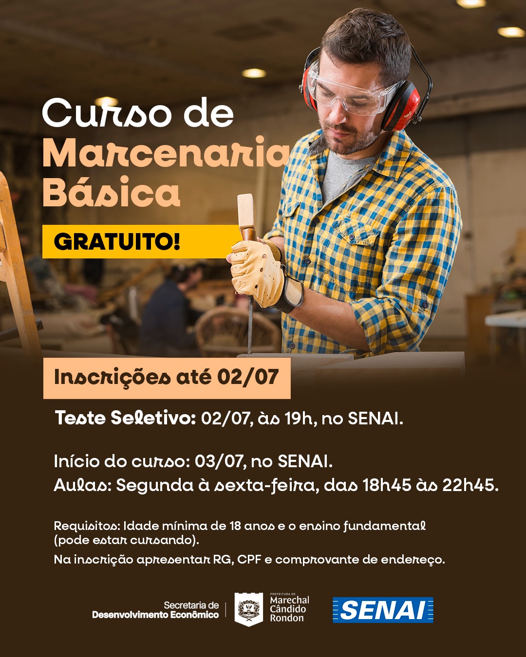 Curso gratuito de marcenaria em Marechal: 14 vagas e nova data