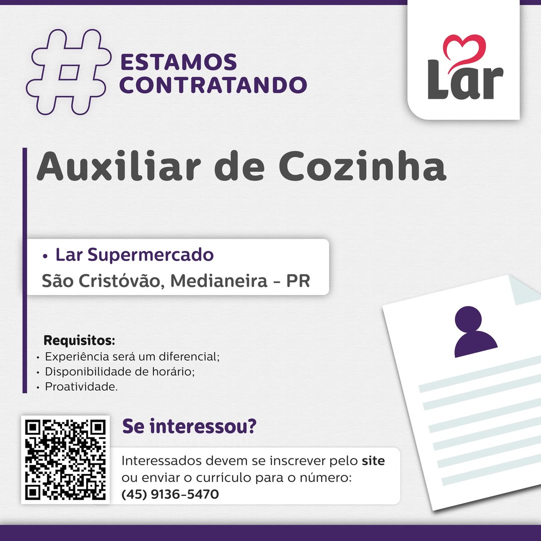 Vaga para Auxiliar de Cozinha em Medianeira (PR) – Até 10/07