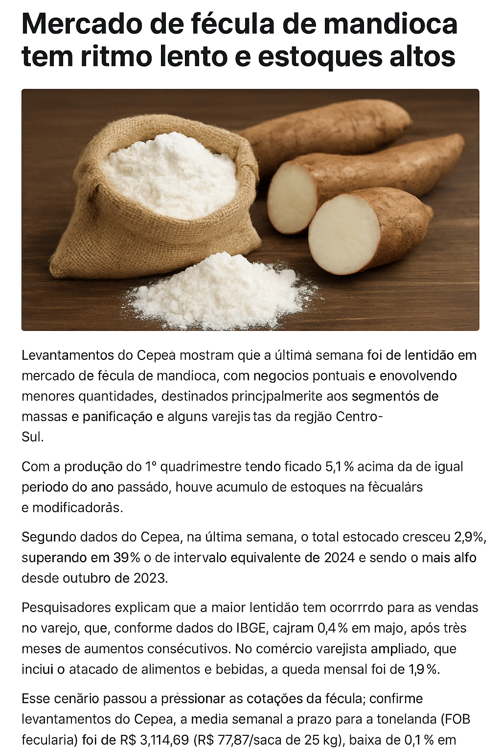 Fécula de mandioca: 5 dados que explicam queda nas vendas
