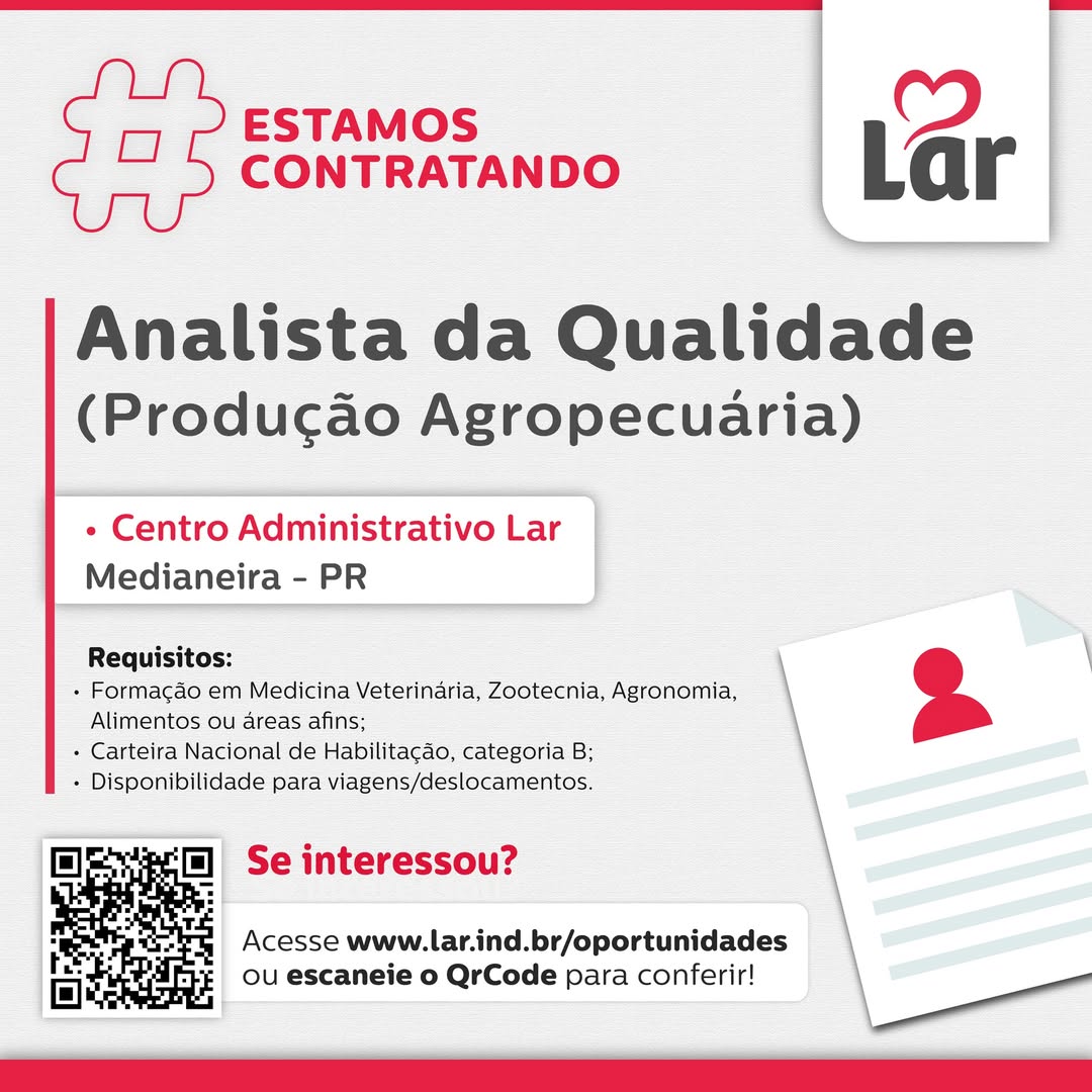 Vaga em Medianeira: Analista da Qualidade na Lar Cooperativa