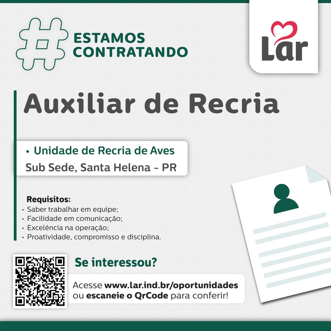 1 vaga aberta para Auxiliar de Recria em Sub Sede