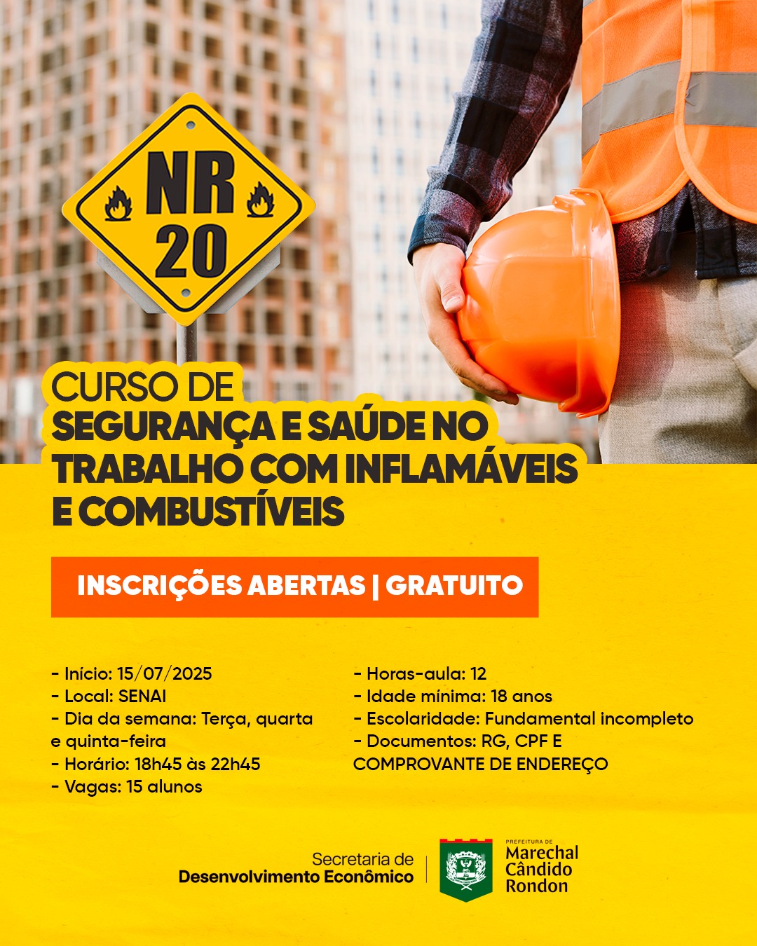 Curso gratuito de NR-20 em Marechal Rondon com 12h de capacitação