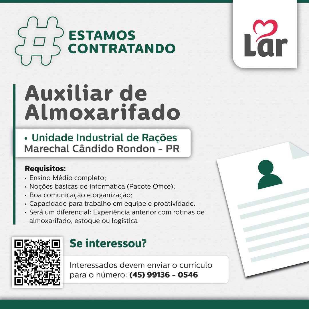 Vaga para Auxiliar de Almoxarifado em Marechal C. Rondon