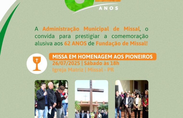 Homenagem a 62 pioneiros celebra aniversário de Missal no dia 26