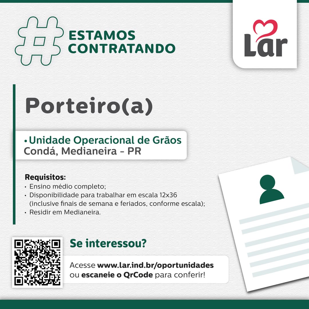 Vaga de Porteiro(a) na Lar Cooperativa em Medianeira