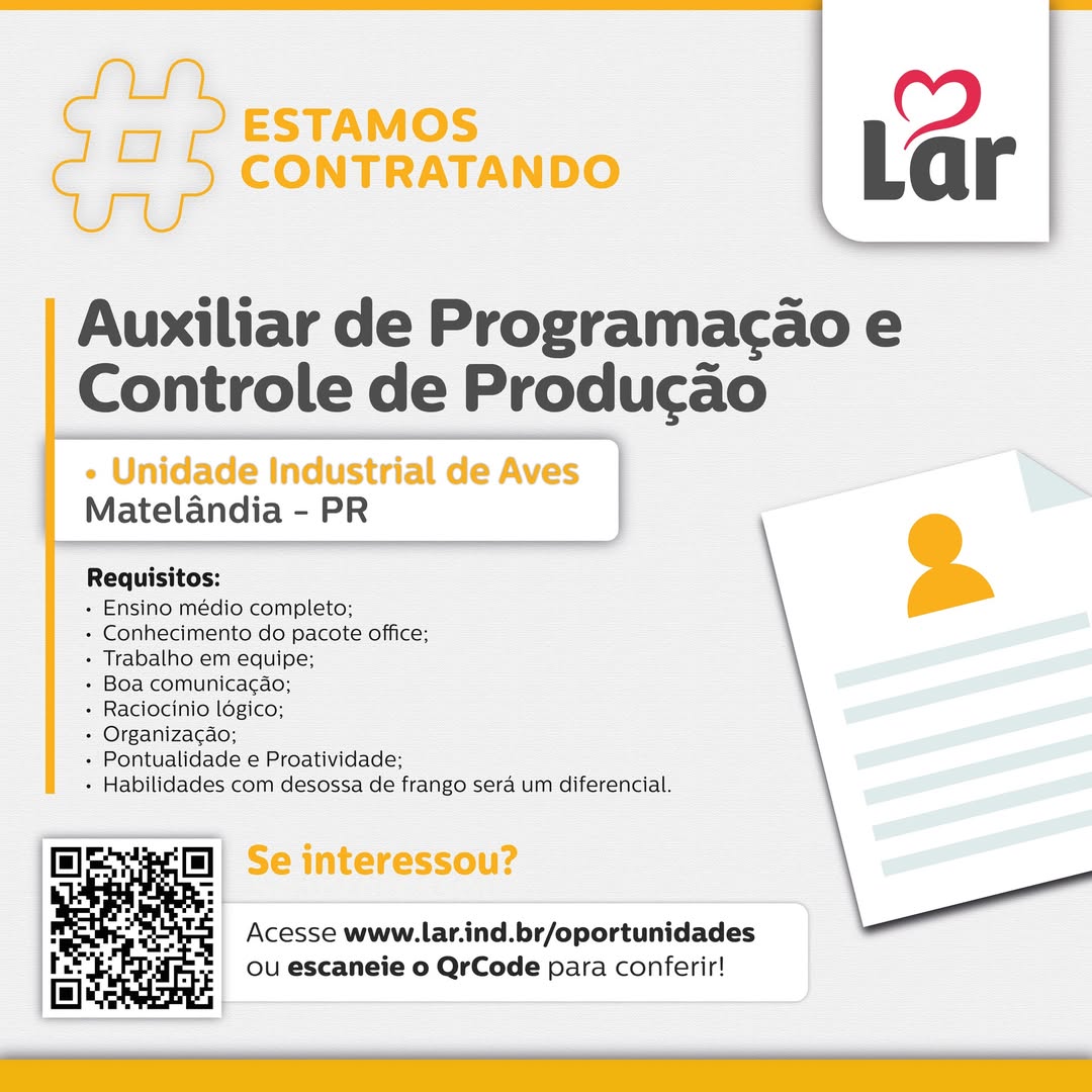 Vaga para Auxiliar de Programação e Controle de Produção em Matelândia