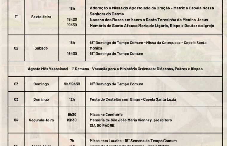 Calendário Paroquial Santa Teresinha agosto 2025: não perca nada