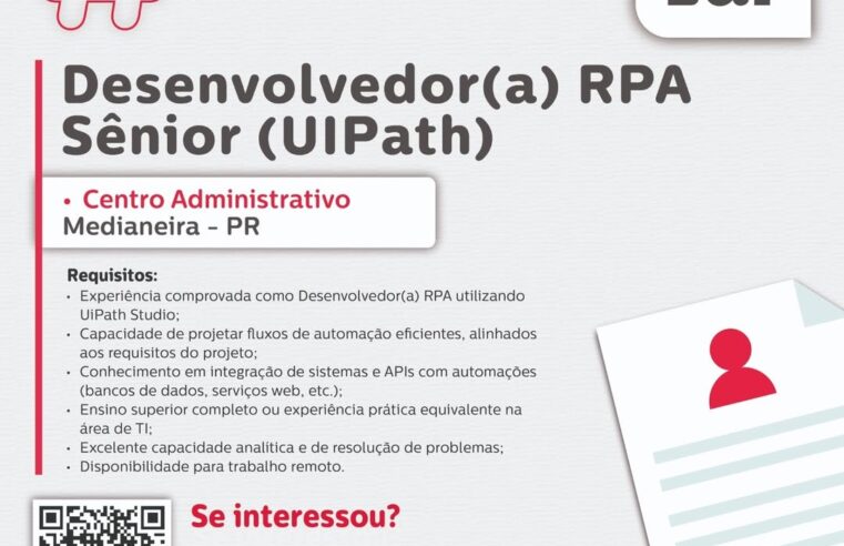 Vaga para Desenvolvedor RPA Sênior em Medianeira