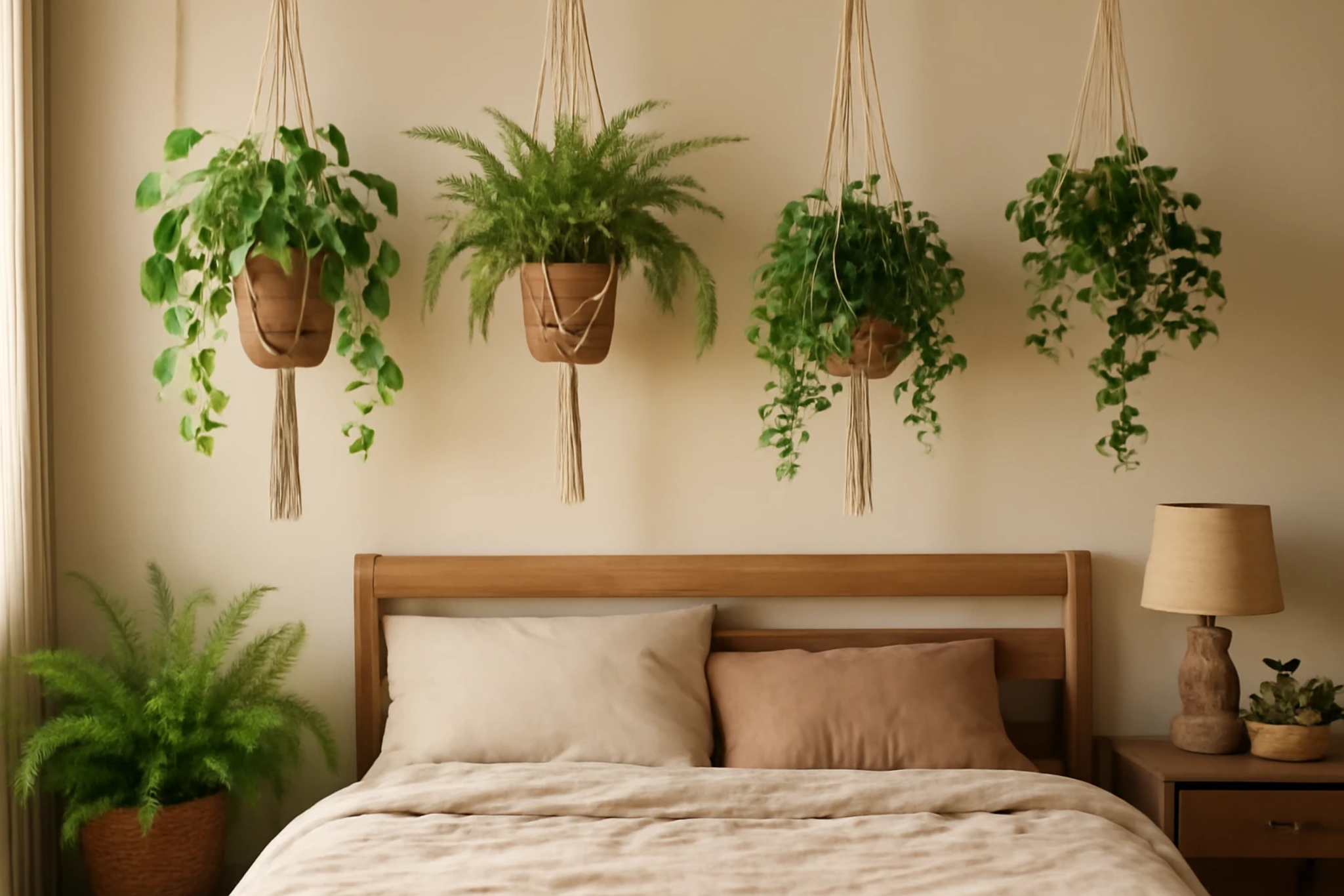Um quarto aconchegante com plantas pendentes como jiboia samambaia e