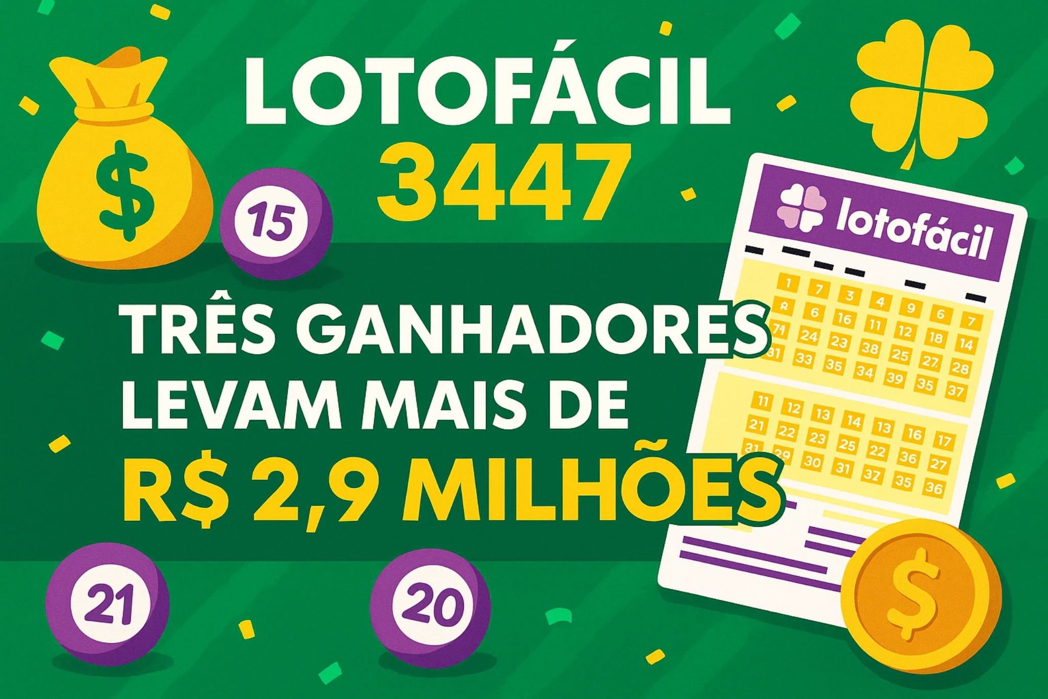 Lotofácil 3447: três ganhadores levam mais de R$ 2,9 milhões