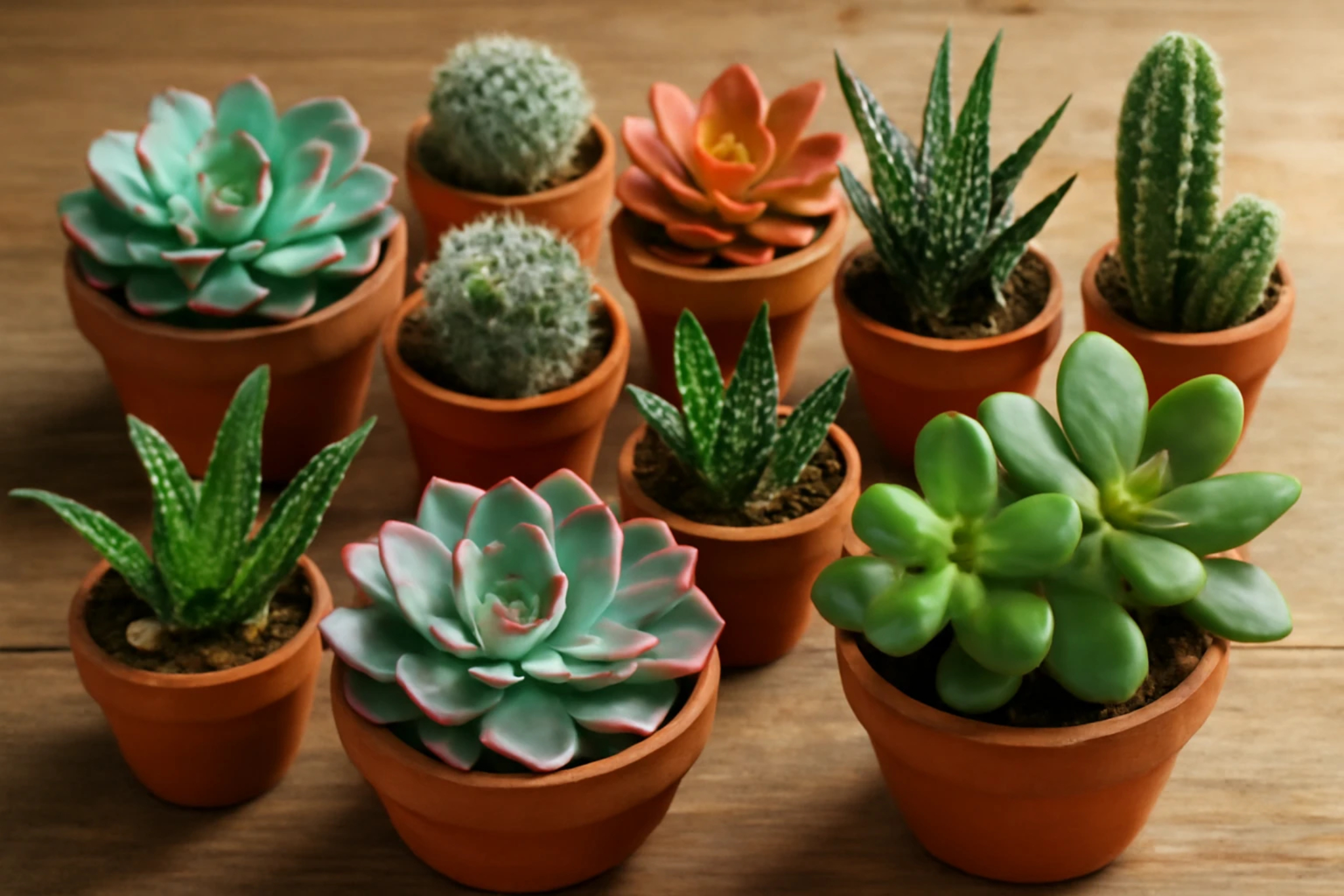 Uma variedade colorida de suculentas em pequenos vasos
