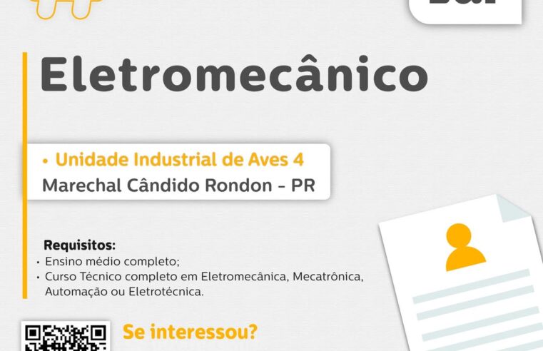 Vaga para Eletromecânico em Marechal Cândido Rondon – Inscrições até 15/08