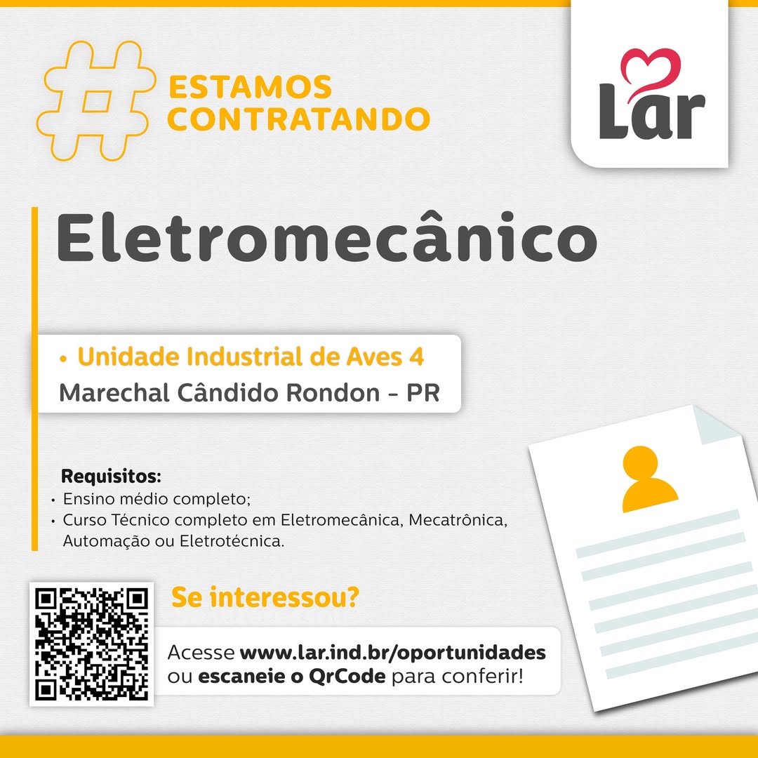 Vaga para Eletromecânico em Marechal Cândido Rondon – Inscrições até 15/08