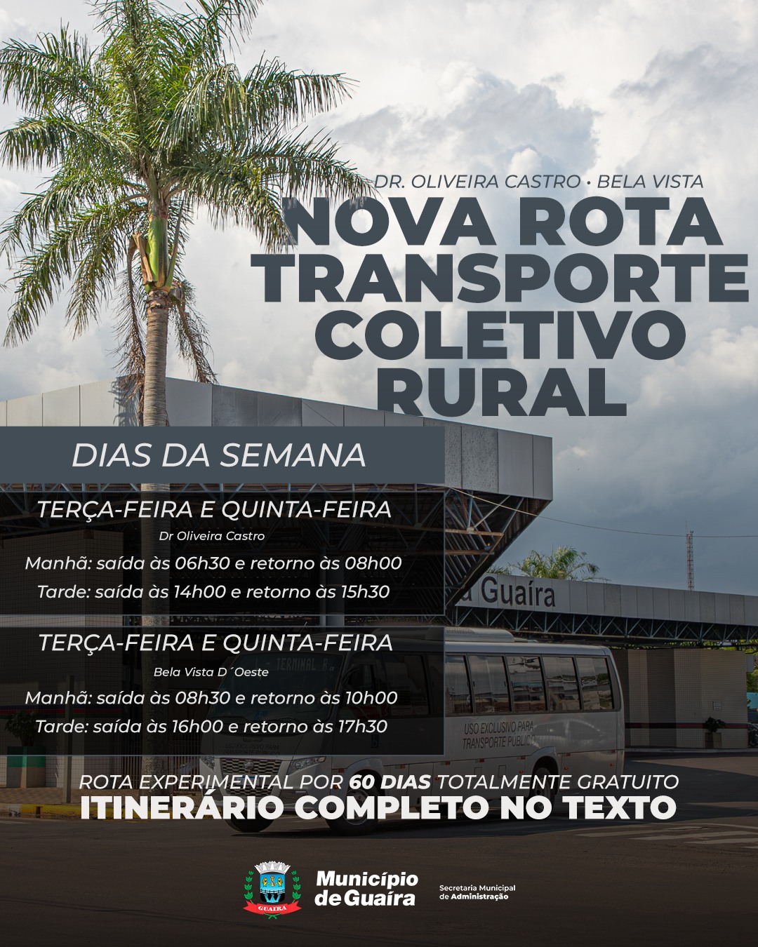 Guaíra inicia rotas de transporte coletivo rural em 12 de agosto