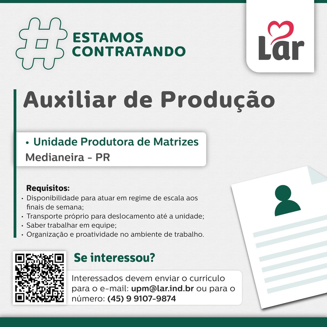Vaga de Auxiliar de Produção em Medianeira – Inscreva-se até 10/09