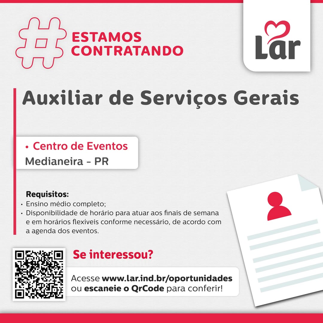 Lar Cooperativa abre vaga para Auxiliar de Serviços Gerais em Medianeira