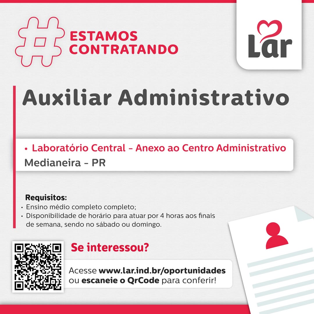 Lar Cooperativa abre vaga para Auxiliar Administrativo em Medianeira
